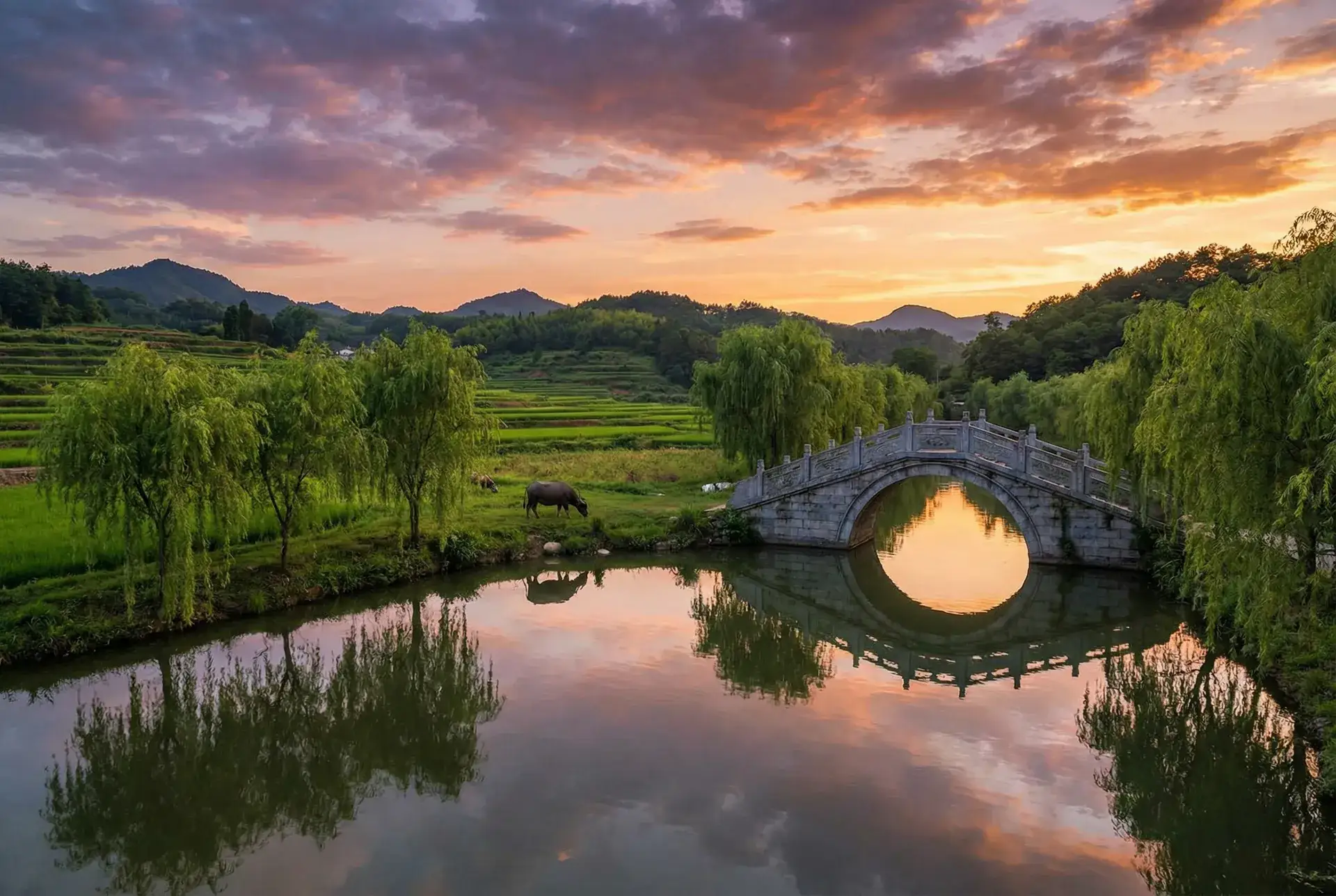 夕阳下的石拱桥与垂柳，水牛在河边吃草 - 舞蹈生 乡村美景