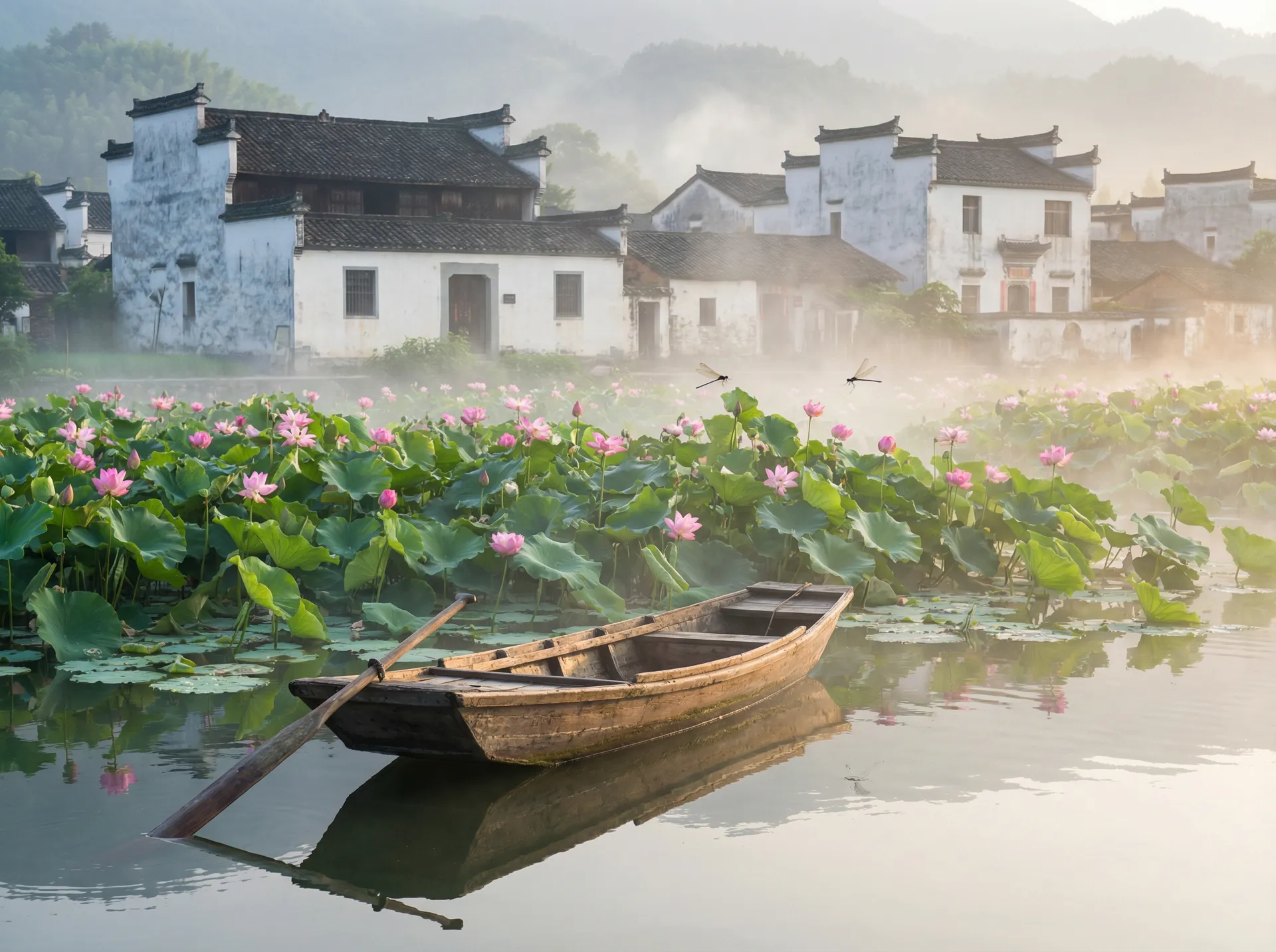 清晨荷塘小舟，粉色荷花盛开，白墙黑瓦的村庄 - 舞蹈生 水乡风情